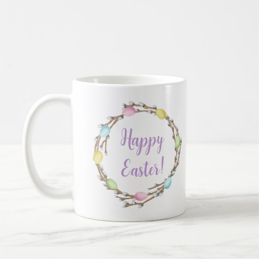 Frohe Osternweidenkränze mit Pastelleiern Kaffeetasse (Links)