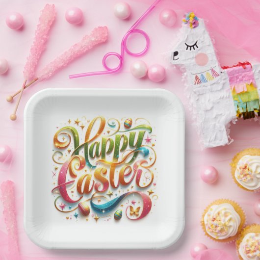 Frohe Ostertypografie im Glitzer Pappteller (Party)