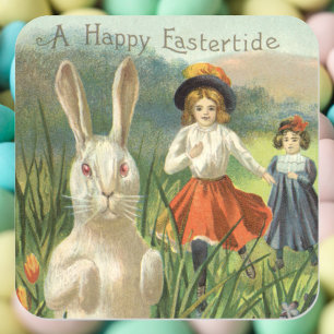 Frohe Osterzeit Vintage-Osterhase und Kinder Quadratischer Aufkleber