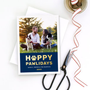 Frohe Pawlidays Modern Gold Navy Welpen Hund Foto Folien Feiertagskarte