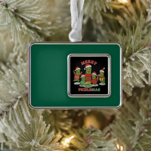 Frohe Picklemas Lustige Pickle-Familien-Weihnachte Rahmen-Ornament Silber
