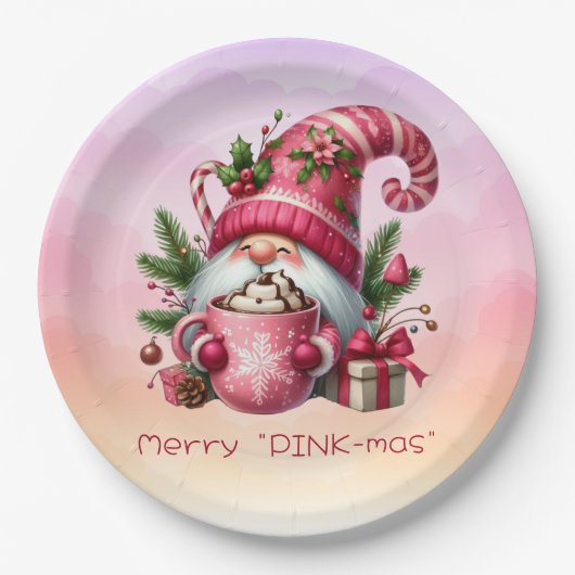 Frohe "PINK-mas" Weihnachten Pink Gnome Hot Chocol Pappteller (Vorderseite)
