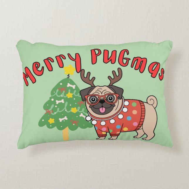 Frohe PUGmas Dekokissen (Vorderseite)