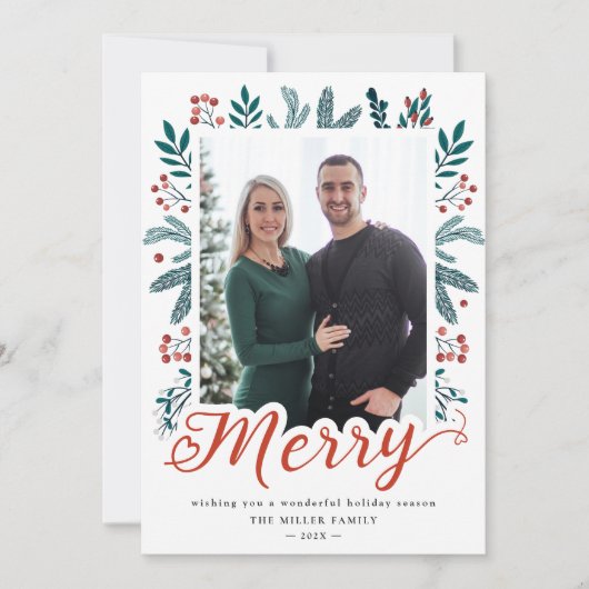 Frohe Script Weihnachten Berry Holly und Pine Foto (Vorderseite)