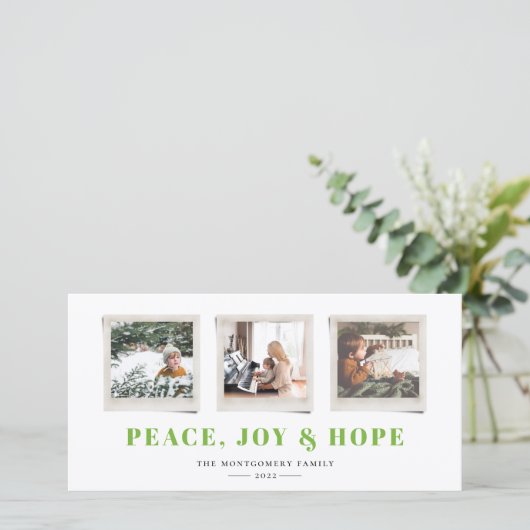 Frohe Sentiments Snapshot Green Holiday Card (Stehend Vorderseite)