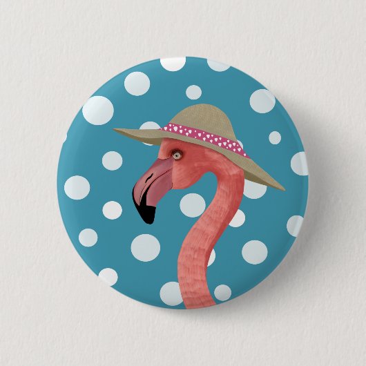 Frohe Sommer Flamingo Blue Polka Dot Sommerhut Button (Vorderseite)