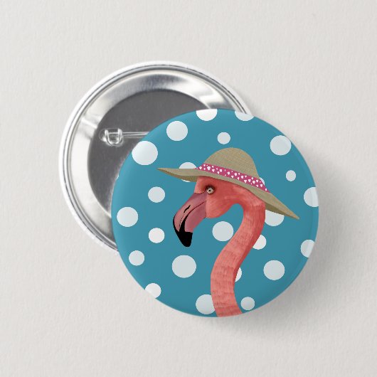 Frohe Sommer Flamingo Blue Polka Dot Sommerhut Button (Vorne & Hinten)