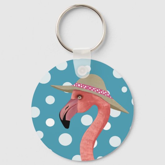 Frohe Sommer Flamingo Blue Polka Dot Summer Hat Schlüsselanhänger (Vorderseite)