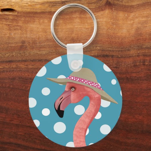 Frohe Sommer Flamingo Blue Polka Dot Summer Hat Schlüsselanhänger (Vorderseite)