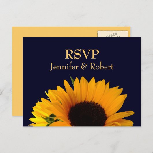 Frohe Sonnenblumen Navy Blue Wedding RSVP Einladungspostkarte (Vorne/Hinten)