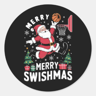 Frohe Swishmas Weihnachten Santa spielt Basketball Runder Aufkleber