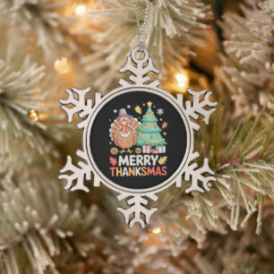 Frohe Thanksmas Weihnachten Erntedankfest Truthahn Schneeflocken Zinn-Ornament
