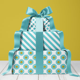 Frohe Türkis Gänseblümchen Blumen Streifen Punkte Geschenkpapier Set