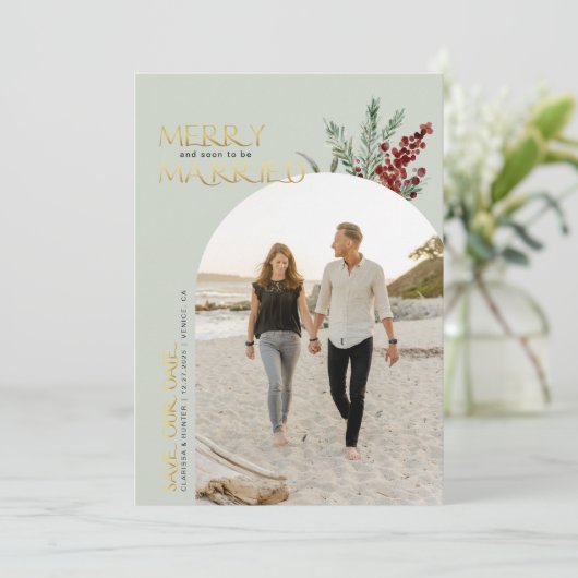 Frohe und bald Verheiratet Weihnachten Rettete die Save The Date (Stehend Vorderseite)