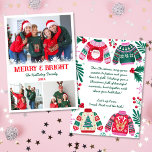 Frohe und helle Foto Collage Weihnachtssüßer Feiertagskarte<br><div class="desc">Dieses Design beinhaltet eine 3-Foto-Collage für Sie, um Ihre eigenen Fotos hinzuzufügen, der Text lautet "Merry and Bright" Sie können Ihren Familiennamen und das Jahr hinzufügen. Auf der Rückseite ist eine hässliche Pullover-Grenze mit Heilig, Beeren, Grün und Schneeflocken, in der Mitte der Grenze gibt es Platz für Sie, um Ihre...</div>