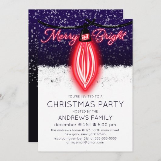 Frohe und helle glühende Neon Lightbulb Weihnachte Einladung (Vorne/Hinten)