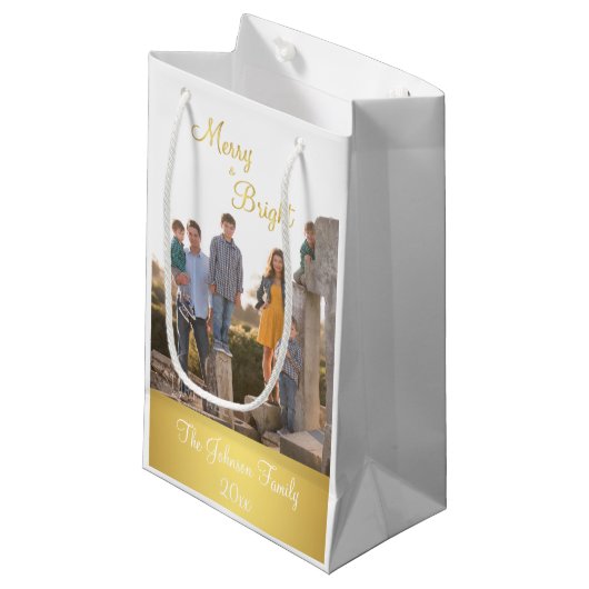 Frohe und helle Gold Weihnachts-Foto Geschenktasch Kleine Geschenktüte (Vorderseite Schrägansicht)