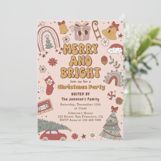 Frohe und helle Retro Weihnachtsfeier Einladung (Stehend Vorderseite)