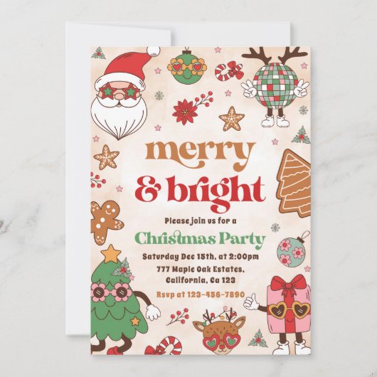 Frohe und helle Retro Weihnachtsfeier Einladung (Vorderseite)