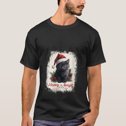 Frohe und helle schwarze Katze Weihnachtsleuchten T-Shirt (Vorderseite)