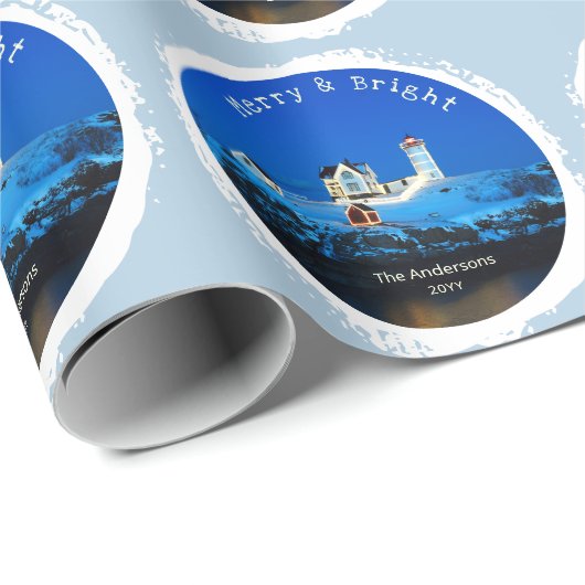 Frohe und helle Snowy Nubble Leuchtturm Weihnachte Geschenkpapier (Rolleneckpunkt)