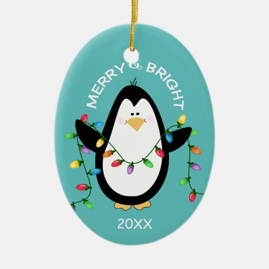 Frohe und helle Weihnachten Pinguin Fun Blue Oval Keramik Ornament (Vorne)
