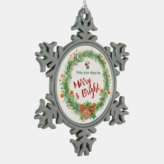 Frohe und helle Weihnachtsfeier Schneeflocken Zinn-Ornament (Links)