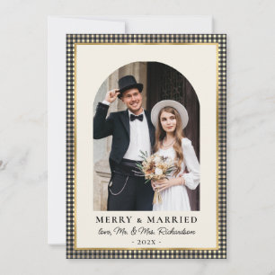 Frohe und verheiratete Arch-Foto Schwarz-Gold-Karo Feiertagskarte