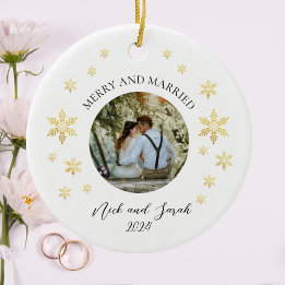 Frohe und Verheiratete Foto Goldene Schneeflocke Keramik Ornament