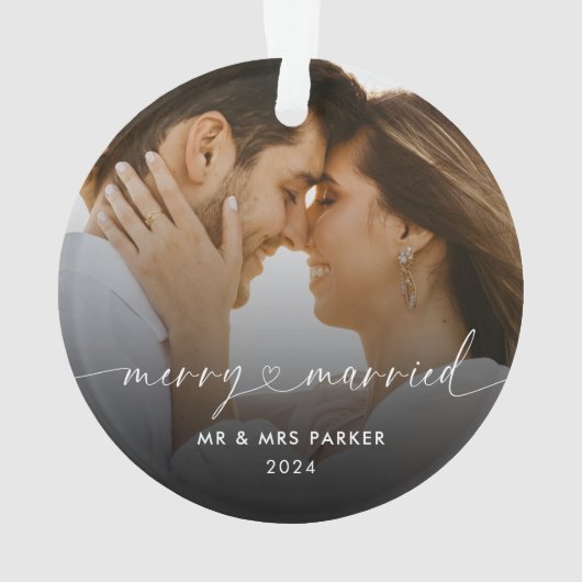 Frohe und Verheiratete Herzschrift Weihnachten Fot Ornament (Rückseite)