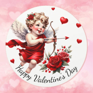 Frohe Valentinstag Cupid mit roten Herzen und Rose Runder Aufkleber
