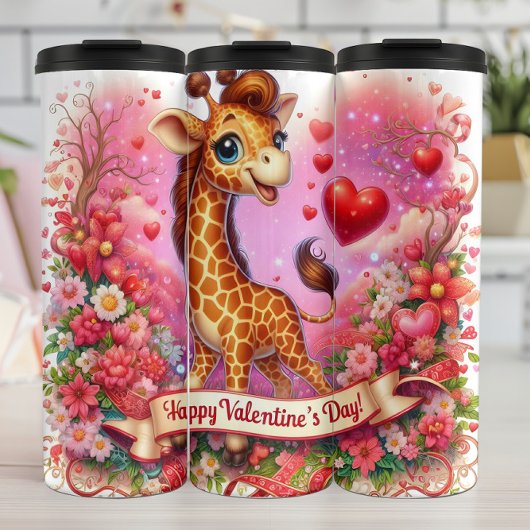 Frohe Valentinstag-Giraffe-Blumen-Wrap Thermosbecher