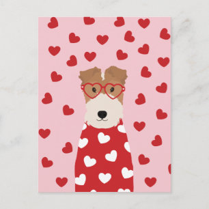Frohe Valentinstag Wire Fox Terrier Hund Rosa Auto Postkarte