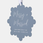 Frohe Verheiratete Hochzeit Foto Dusty Blue Christ Ornament Karte (Linke Ecke)