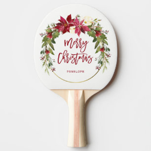 Frohe Weihnacht-Aquarell-BlumenKranz mit Gold Tischtennis Schläger