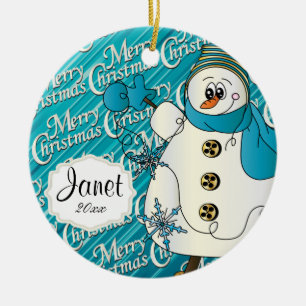 Frohe Weihnacht-Blau-Schneemann Keramikornament