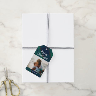 Frohe Weihnacht-Foto-Schwarz-UhrTartan kariert Geschenkanhänger