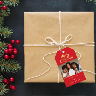 Frohe Weihnacht-Geschenk-Foto-rote Geschenkanhänger