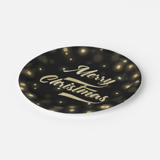 Frohe Weihnacht-Glitzer Bokeh Goldschwarzes Pappteller (Schrägansicht)
