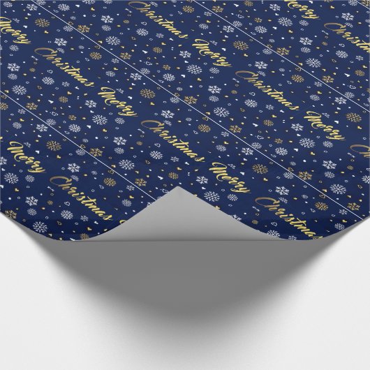 Frohe Weihnacht-Gold u. weiße Schneeflocken Geschenkpapier (Ecke)