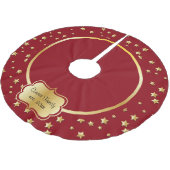 Frohe Weihnacht-Goldsterne auf dunkelrotem Polyester Weihnachtsbaumdecke (Schrägansicht)