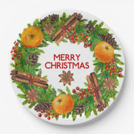 Frohe Weihnacht-Kranz-immergrüne Aquarell-Frucht Pappteller