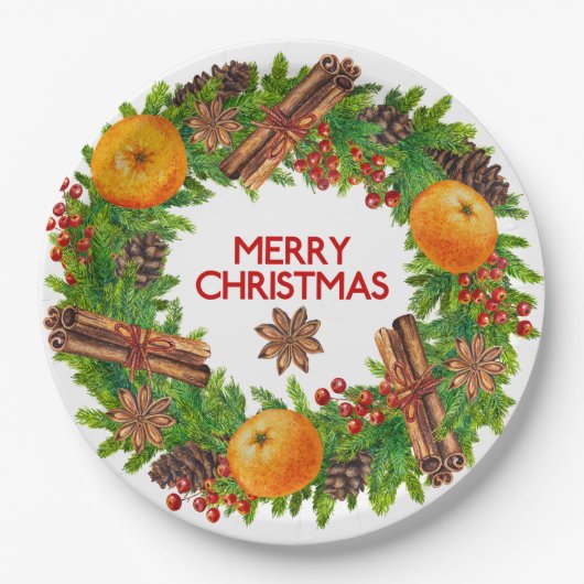 Frohe Weihnacht-Kranz-immergrüne Aquarell-Frucht Pappteller (Vorderseite)