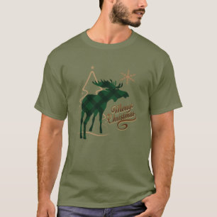 Frohe Weihnacht-Land-Art-Grün-karierte Elche T-Shirt