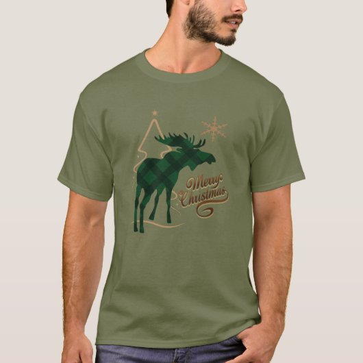 Frohe Weihnacht-Land-Art-Grün-karierte Elche T-Shirt (Vorderseite)