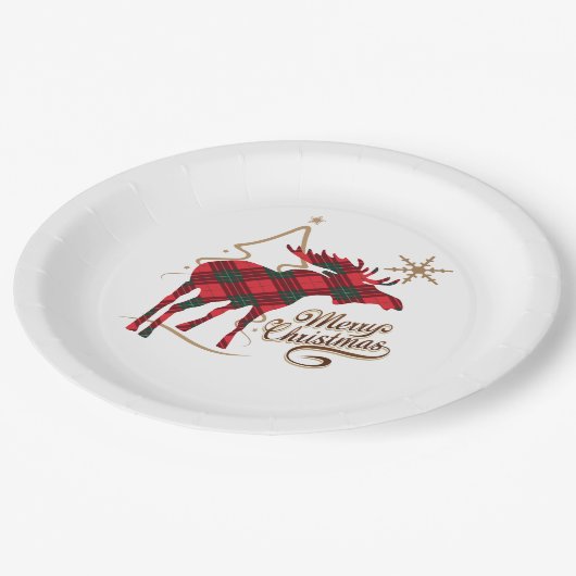 Frohe Weihnacht-Land-Art-rote karierte Elche Pappteller (Schrägansicht)