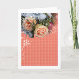 Frohe Weihnacht-Pfirsich-Rosen kariert Feiertagskarte