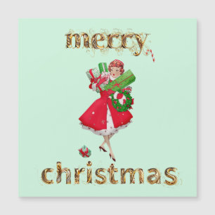 Frohe Weihnachten 1950 Vintage Dame mit Geschenken Magnetkarte