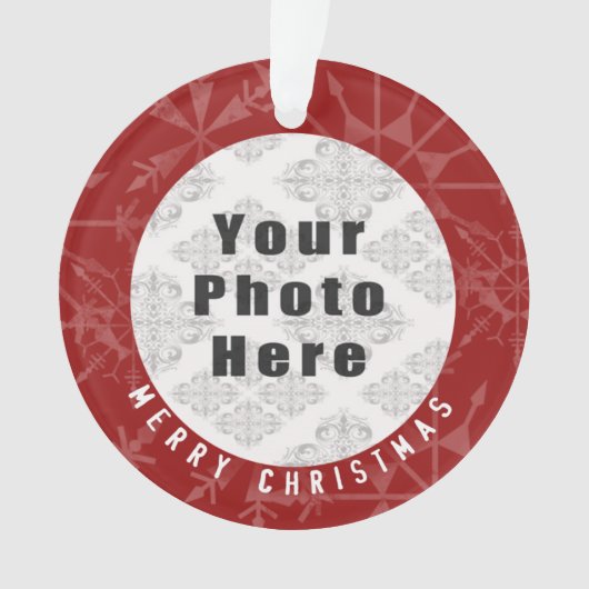 Frohe Weihnachten 1 Foto-rote Schneeflocke/Text Ornament (Vorderseite)