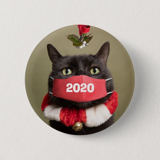 Frohe Weihnachten 2020 Katze in Covid Gesichtsmask Button (Vorderseite)